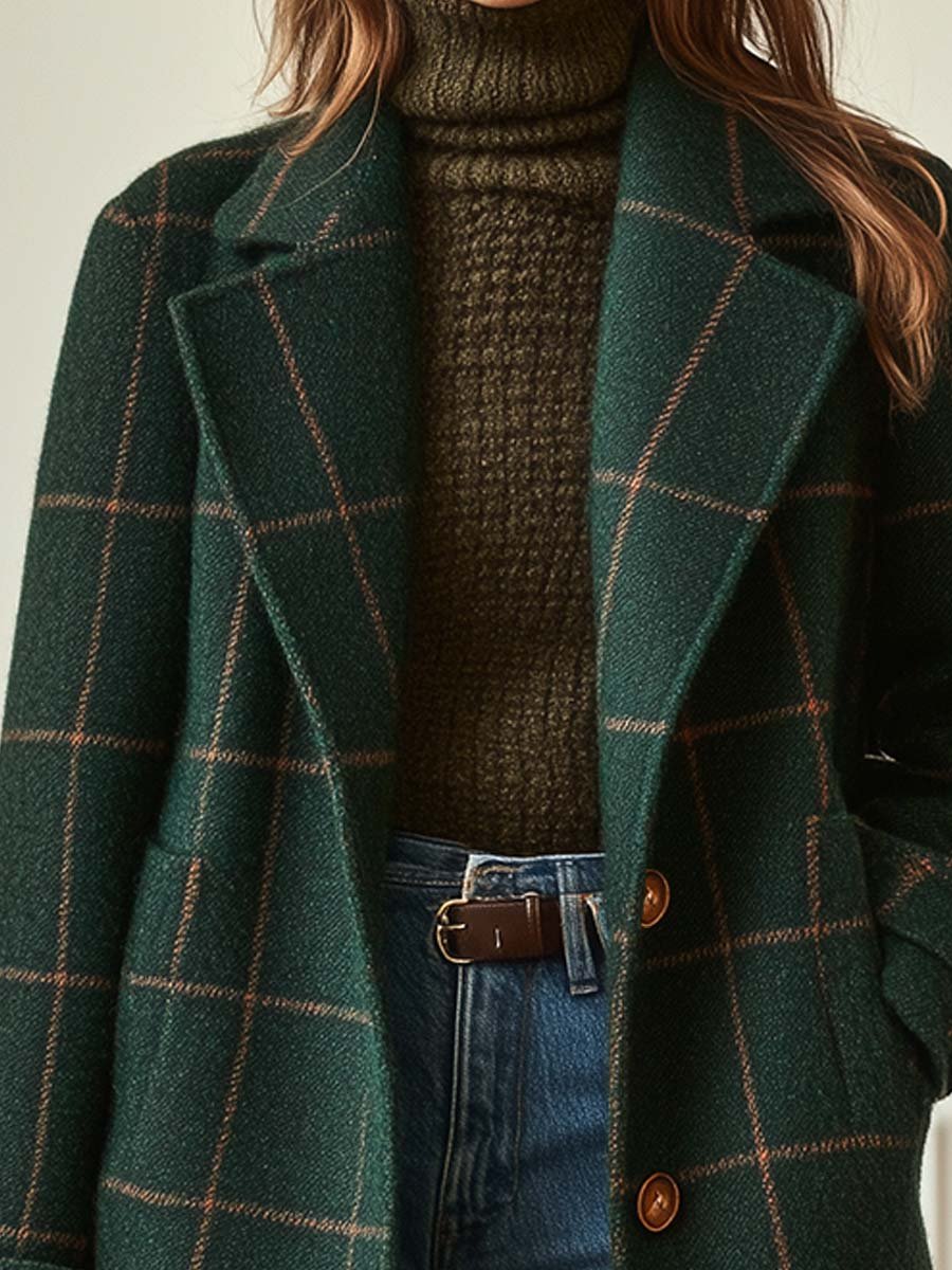 Adrielle | Women’s Checked Long Coat with Lapel Plaid