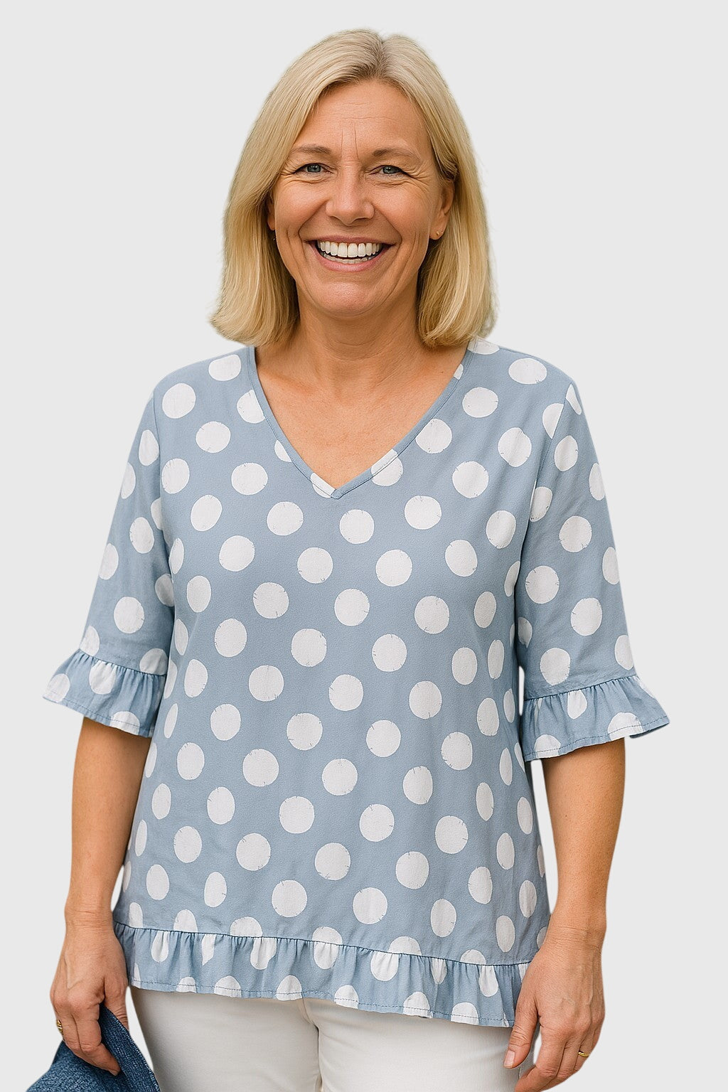 Tessa | Women’s Blue Polka Dot V-Neck Blouse