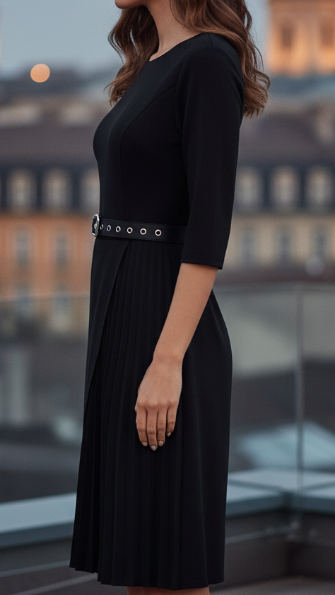 Elspeth | Women’s Spring Belted Pleated Long Sleeve Midi Dress