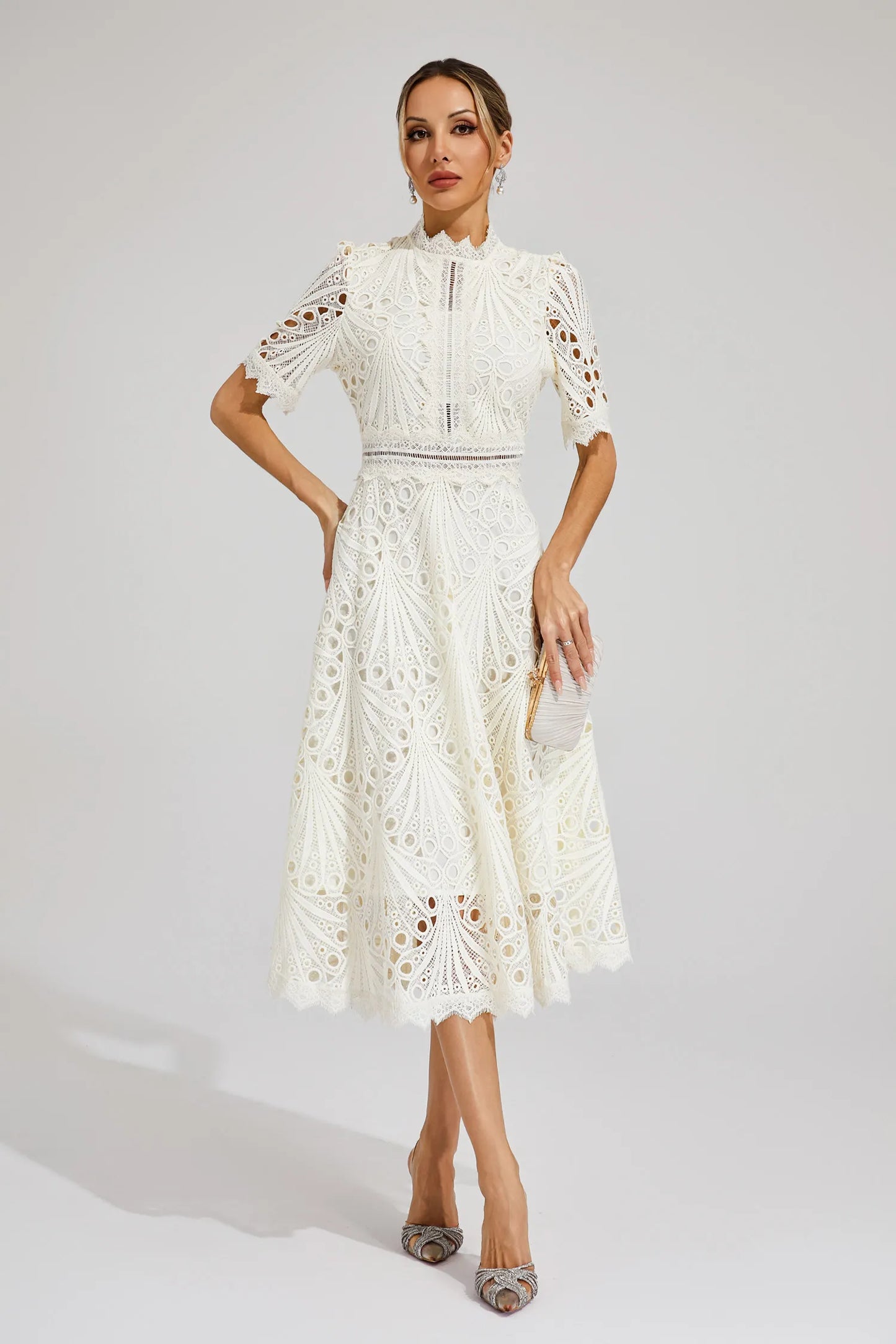 Miranda | Women’s Chic Lace Midi Dress with High Neck