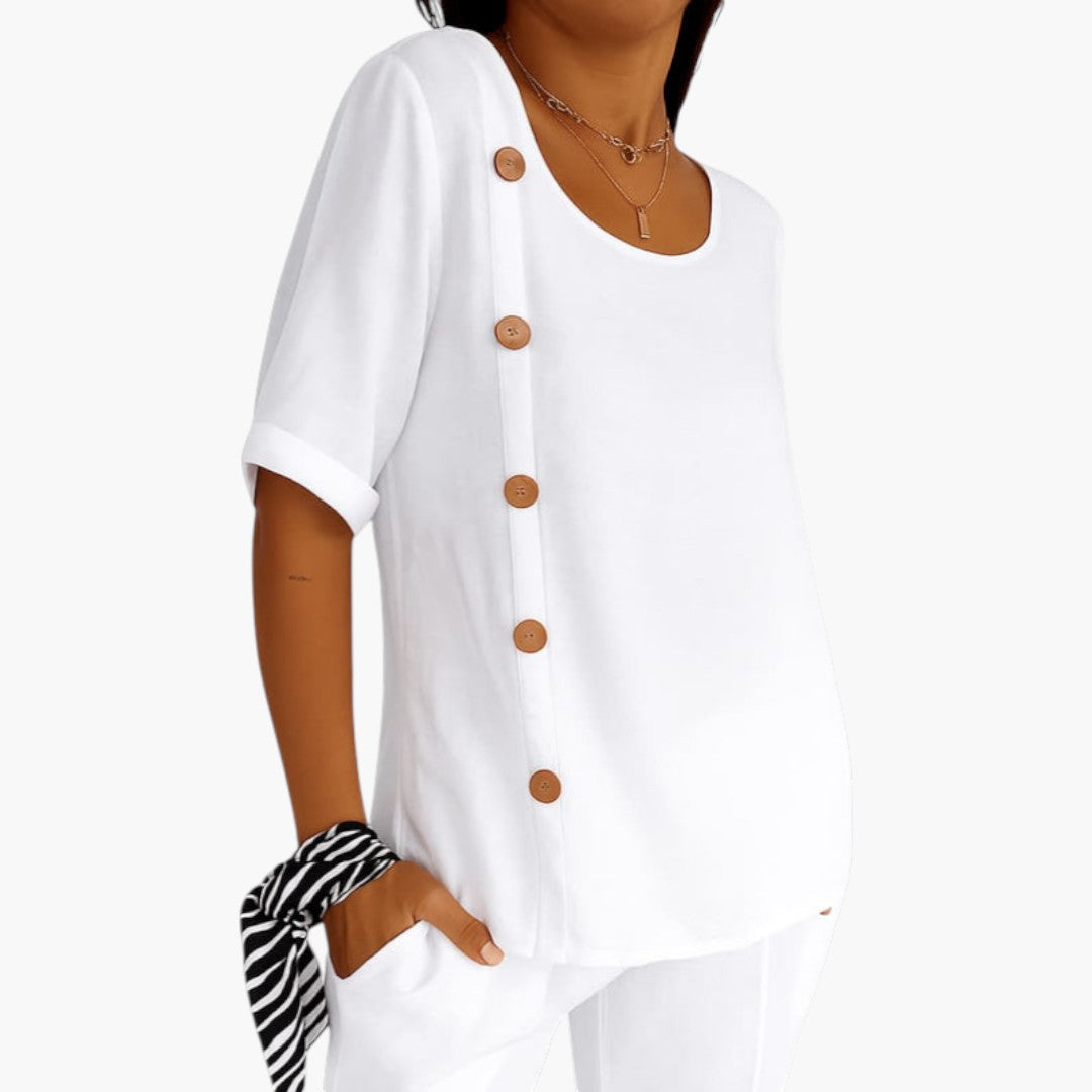 Hallie | Women’s Round Neck Side Button Short Sleeve Blouse