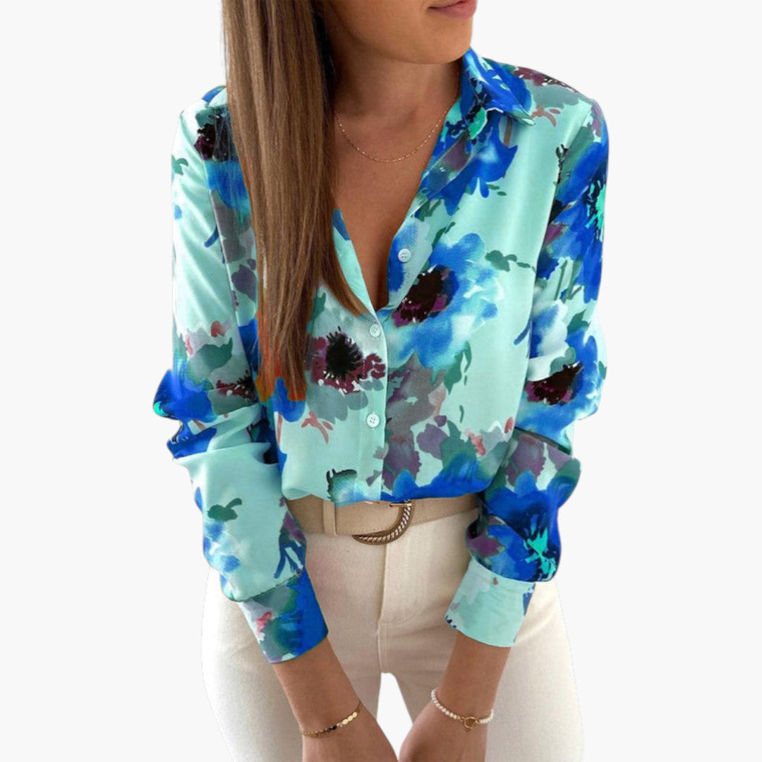 Daphne | Women’s Printed Collared Button-Front Blouse