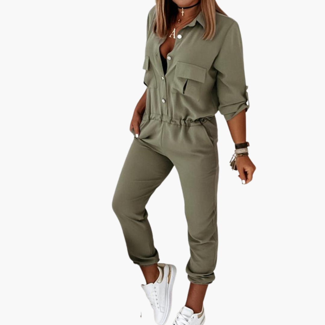 Marcellina | Women’s Button-Front Waist-Tie Utility Jumpsuit