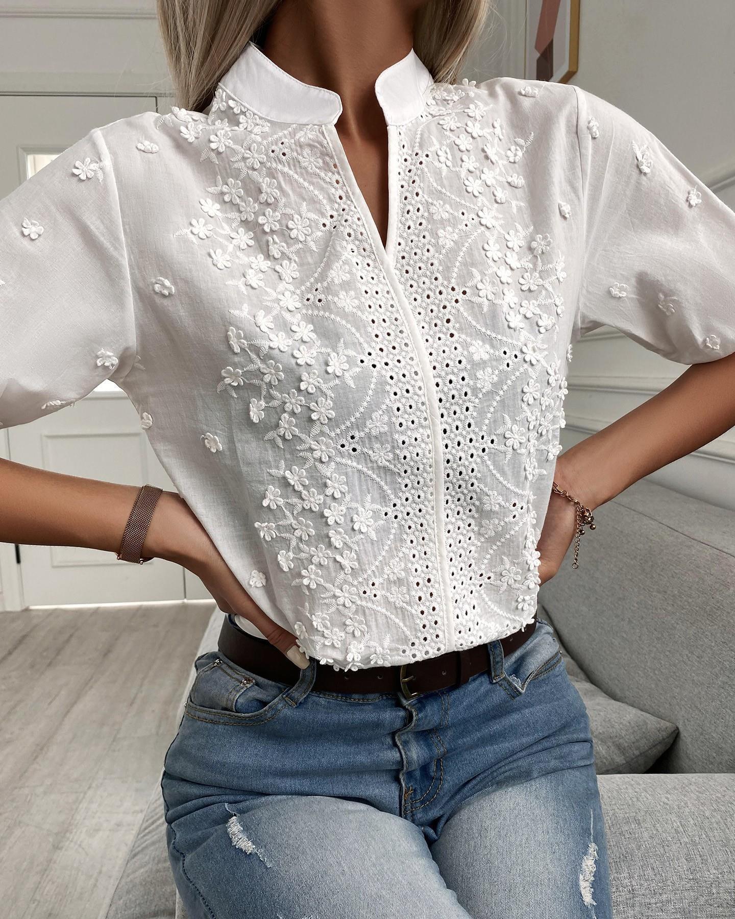 Thrisha | Women’s Embroidered Short Sleeve Elegant Blouse