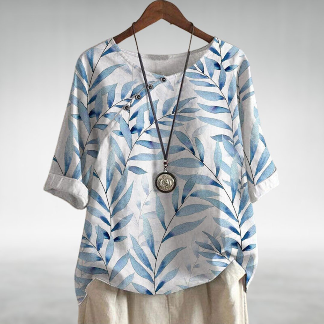Daphne | Women’s Relaxed Leaf Print Button-Front Casual Blouse
