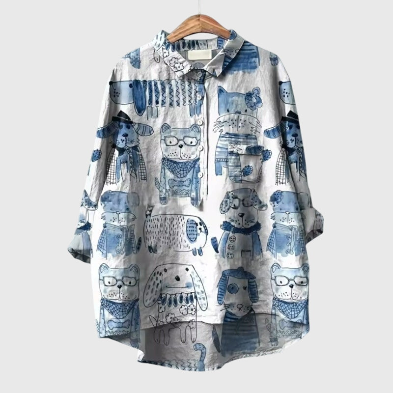 Presley | Women’s Cute Cat Print Button Up Blouse