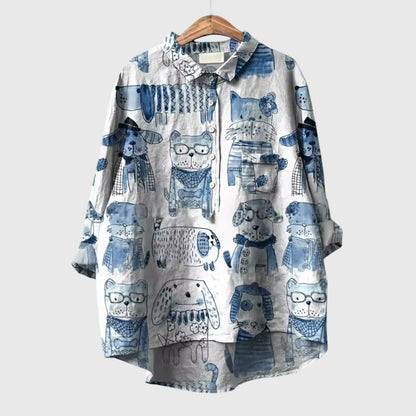 Presley | Women’s Cute Cat Print Button Up Blouse