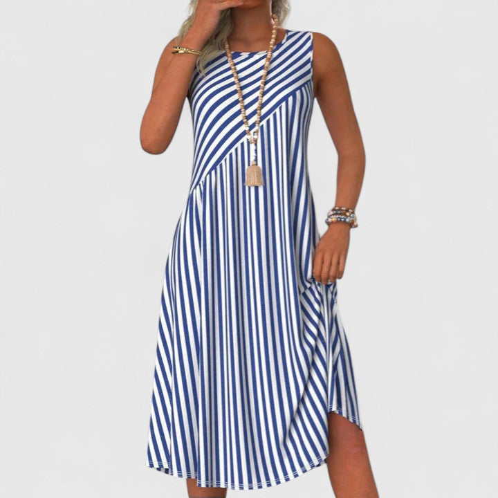 Elara | Women’s Sophisticated Striped Sleeveless Midi Dress