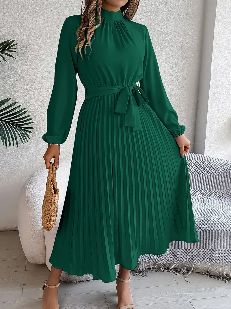 Elowyn | Women’s Long Sleeve Pleated Belted Midi Dress
