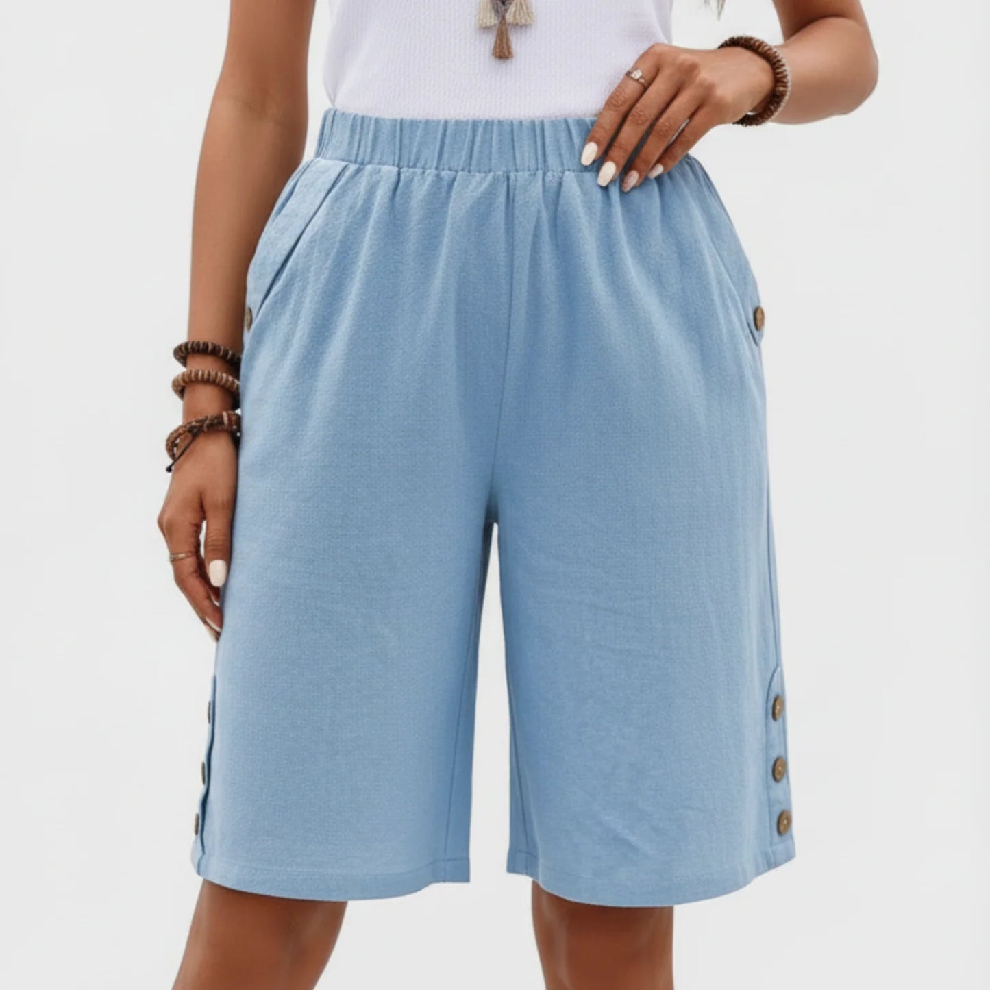 Macy | Women’s Comfortable Button Detail Shorts