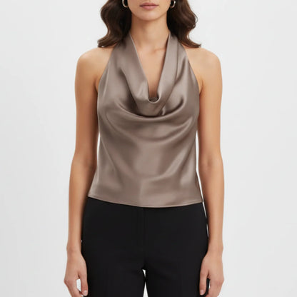 Celine | Women’s Halter Back Tie Draped Satin Tank