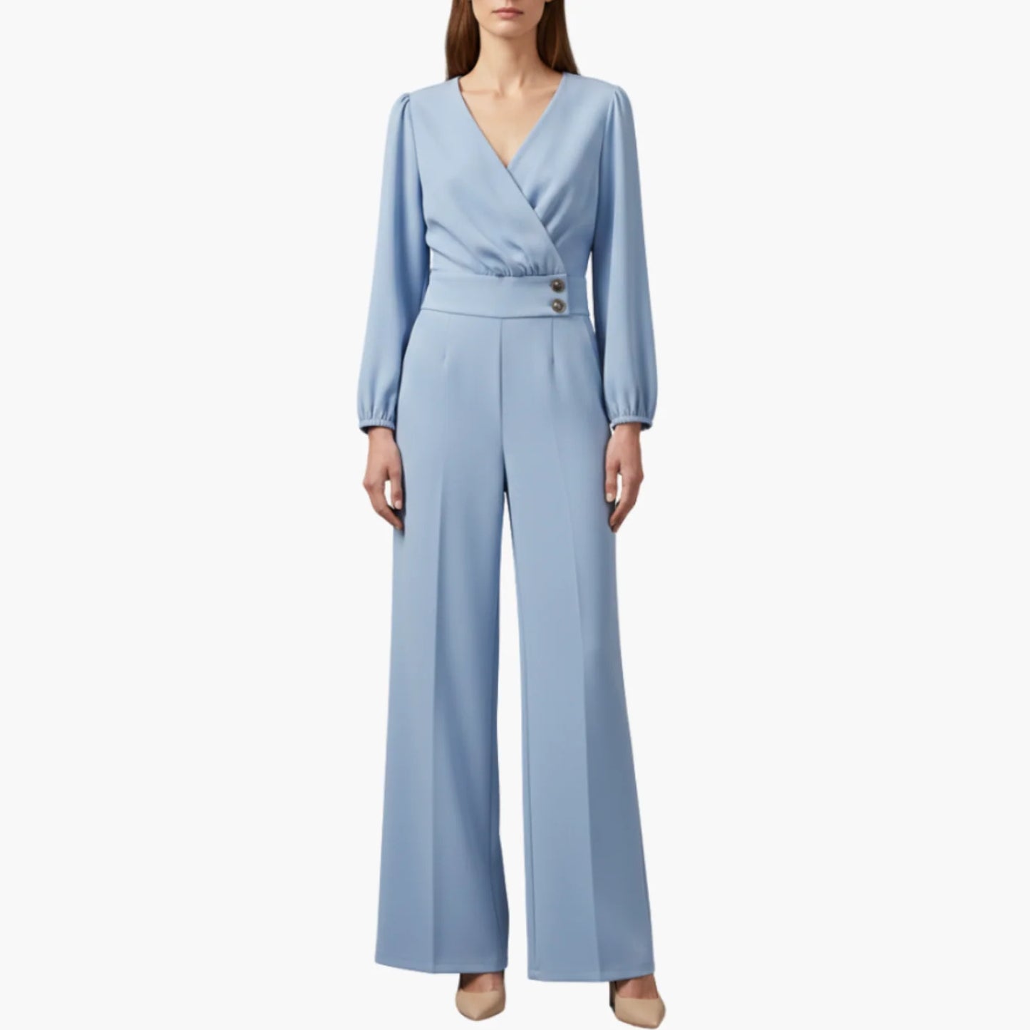 Genevieve | Women’s Long Sleeve Crossed V-Neck Wide-Leg Jumpsuit