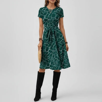 Alessandra | Women’s Geometric Print Short Sleeve Tie-Waist Dress