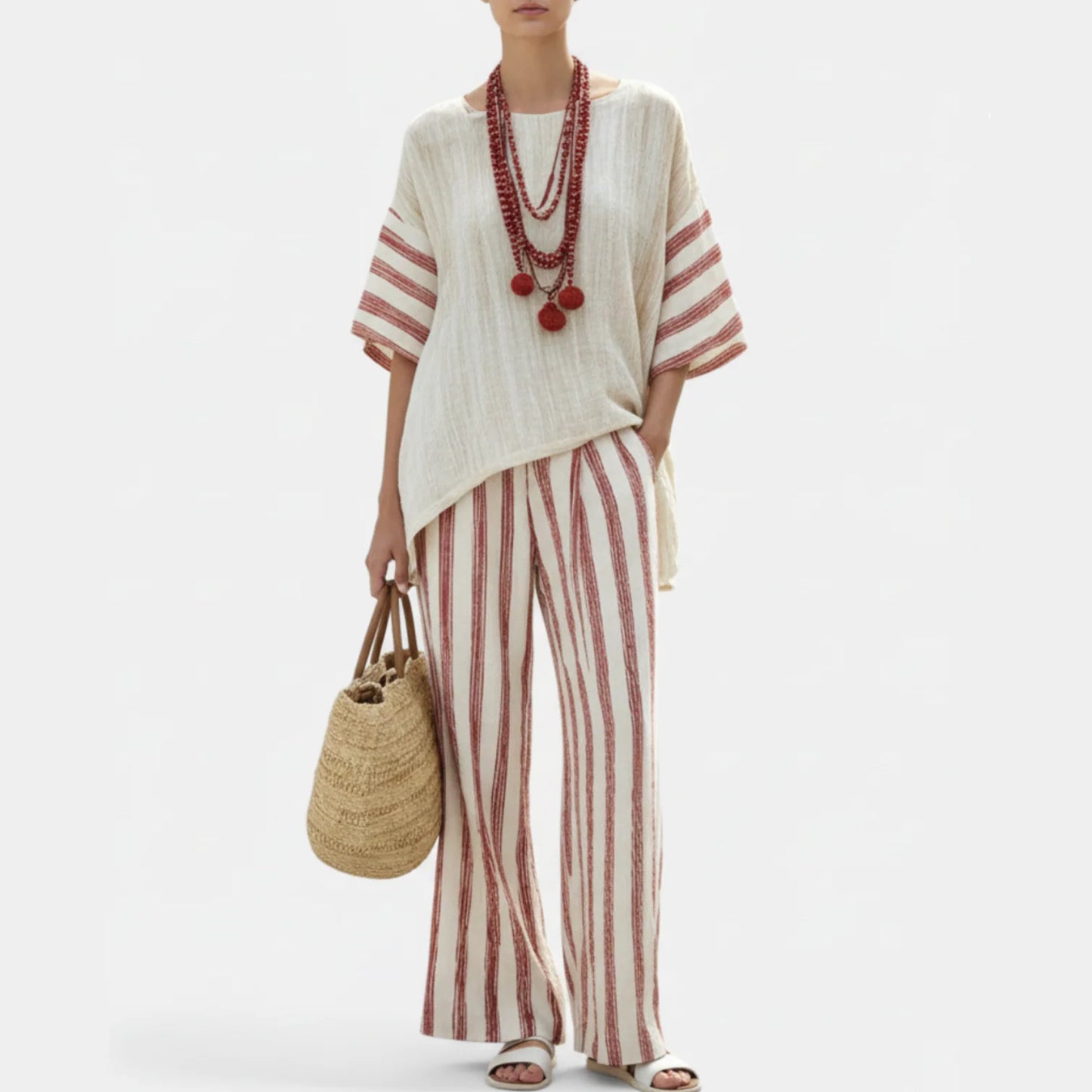 Calla | Women’s Rustic Striped Poncho Top and Linen Pants Set