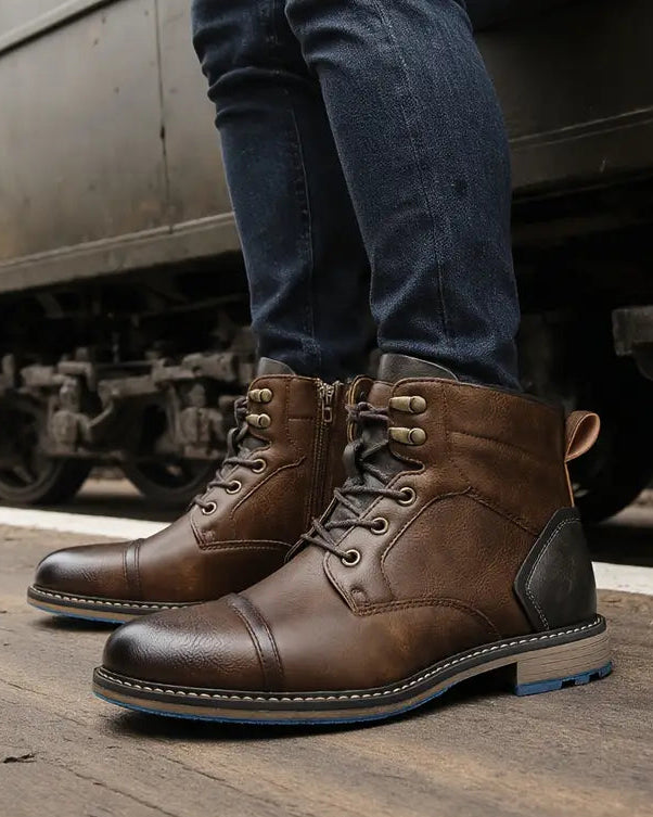 June | Men’s Lace-Up Leather Ankle Boots with Stitch Detail