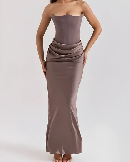 Marisol | Women’s Wedding Guest Draped Maxi Dress with Strapless Neckline