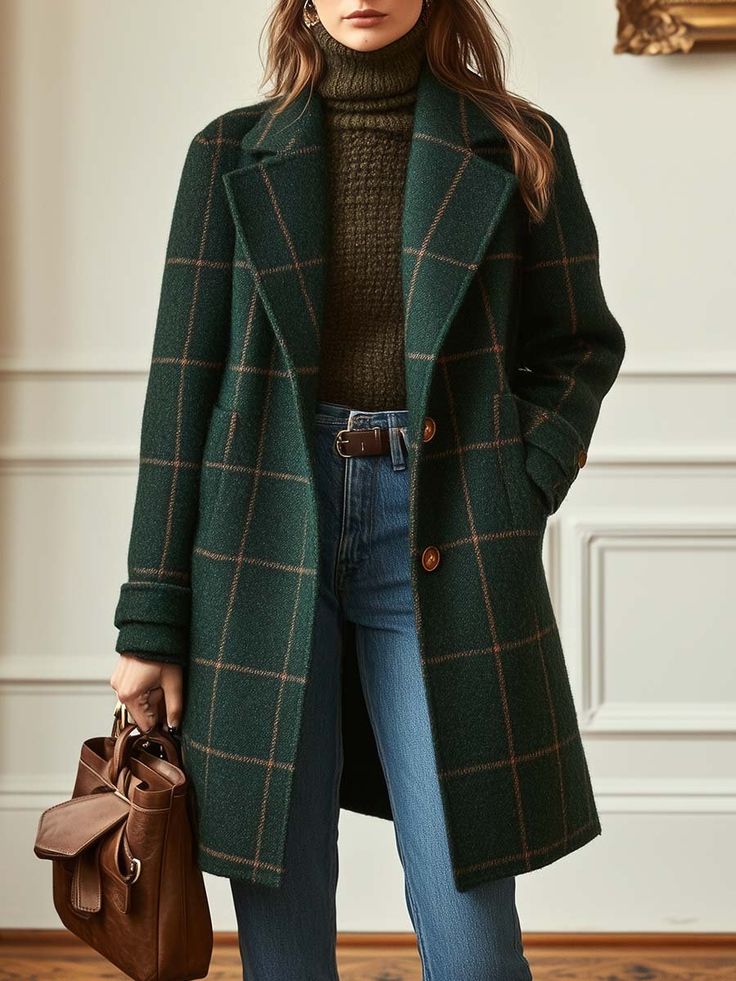 Adrielle | Women’s Checked Long Coat with Lapel Plaid