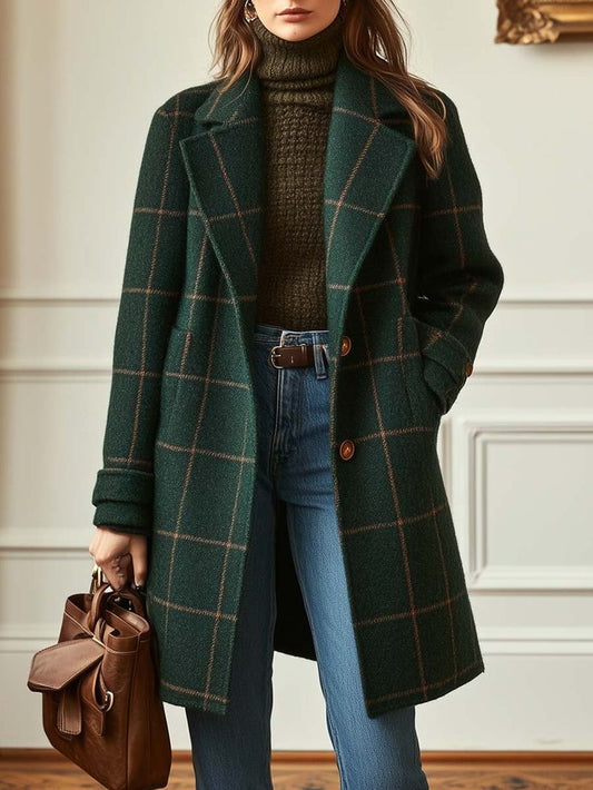 Adrielle | Women’s Checked Long Coat with Lapel Plaid