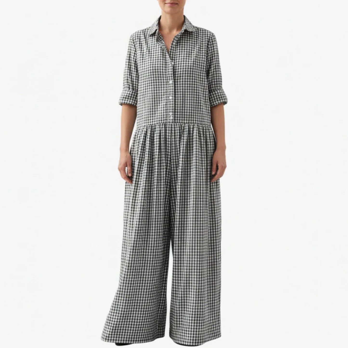 Bethany | Women’s Collared Short Sleeve Button Up Wide-Leg Jumpsuit