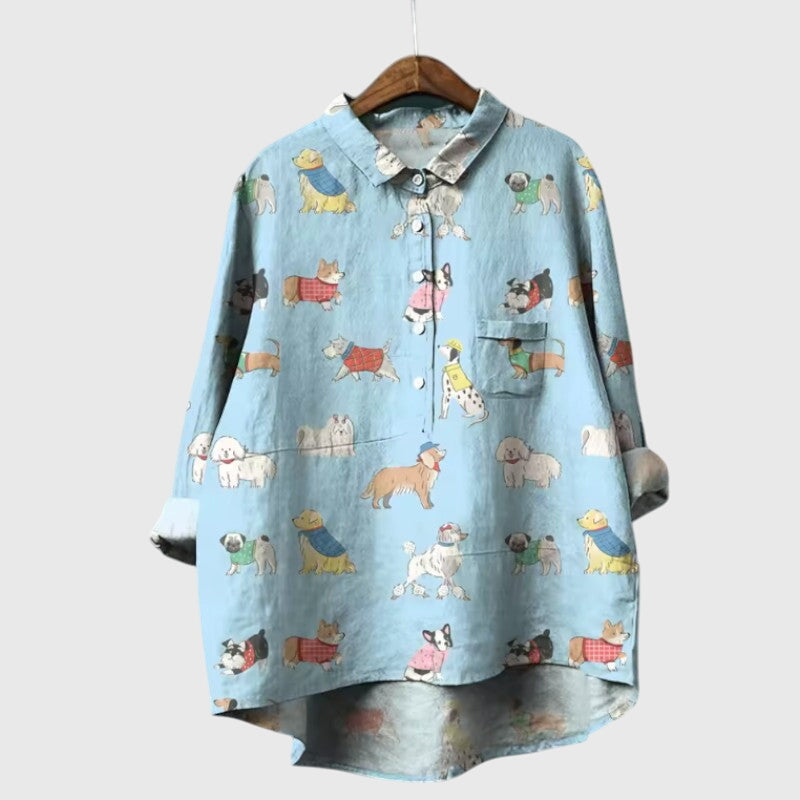 Presley | Women’s Cute Cat Print Button Up Blouse
