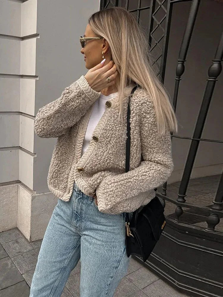 Katrina | Women’s Textured Round-Neck Button Cardigan