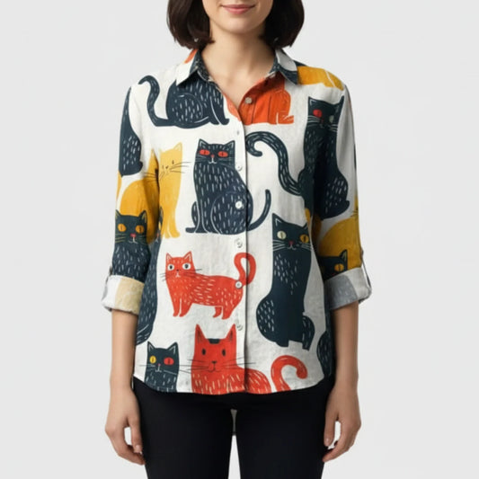 Juniper | Women’s Cat Print Button Up Blouse
