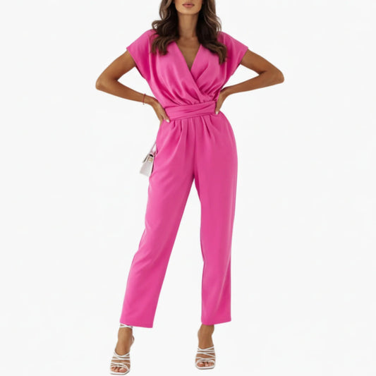 Rosalie | Women’s Short Sleeve Crossed V-Neck Tie-Waist Jumpsuit