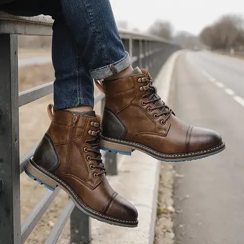 June | Men’s Lace-Up Leather Ankle Boots with Stitch Detail