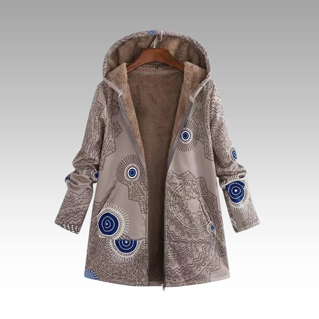 Kaia | Women’s Patterned Hooded Long Coat with Full Zip
