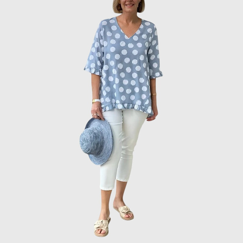Tessa | Women’s Blue Polka Dot V-Neck Blouse