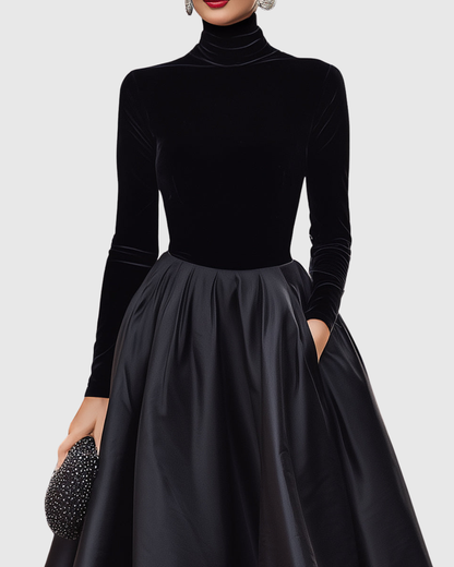 Jeanne | Women’s Elegant Black Turtleneck Satin Midi Dress