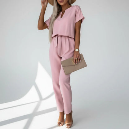 Kendall | Women’s Short Sleeve V-Neck Tie-Waist Tapered Leg Jumpsuit