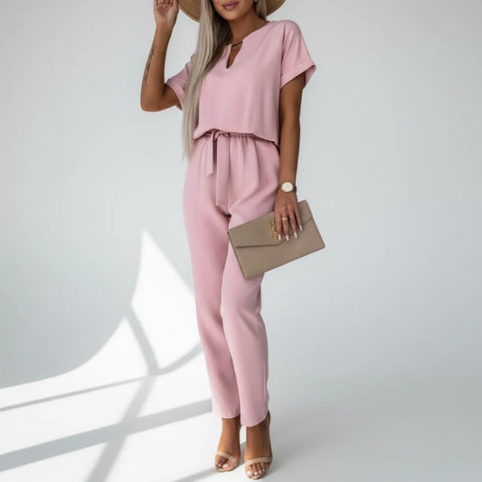 Kendall | Women’s Short Sleeve V-Neck Tie-Waist Tapered Leg Jumpsuit