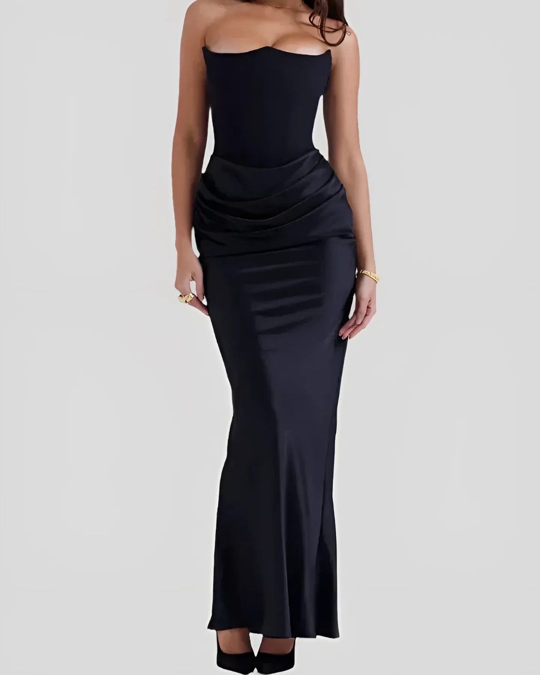 Marisol | Women’s Wedding Guest Draped Maxi Dress with Strapless Neckline