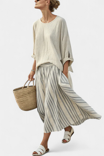Brooklyn | Women’s Comfortable Loose Blouse and Striped Midi Skirt Set