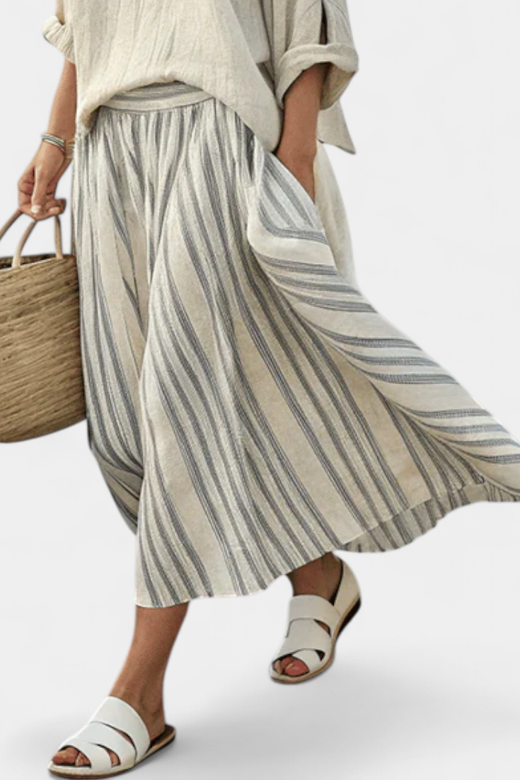 Brooklyn | Women’s Comfortable Loose Blouse and Striped Midi Skirt Set