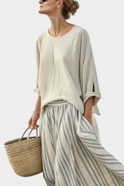 Brooklyn | Women’s Comfortable Loose Blouse and Striped Midi Skirt Set