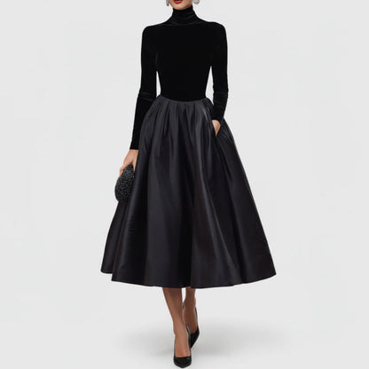 Jeanne | Women’s Elegant Black Turtleneck Satin Midi Dress