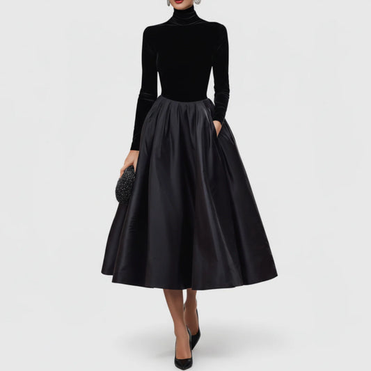 Jeanne | Women’s Elegant Black Turtleneck Satin Midi Dress