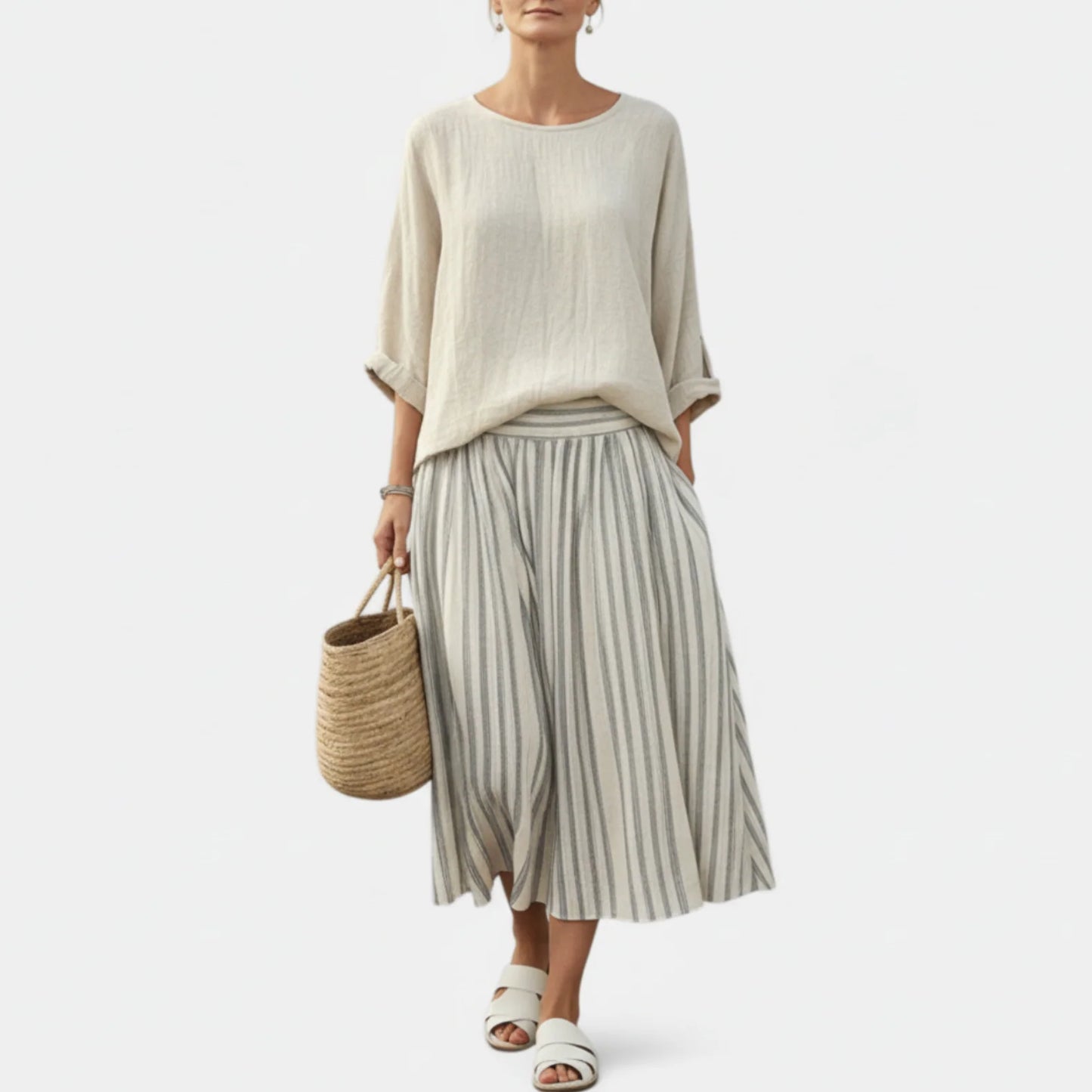 Brooklyn | Women’s Comfortable Loose Blouse and Striped Midi Skirt Set