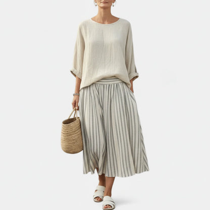 Brooklyn | Women’s Comfortable Loose Blouse and Striped Midi Skirt Set