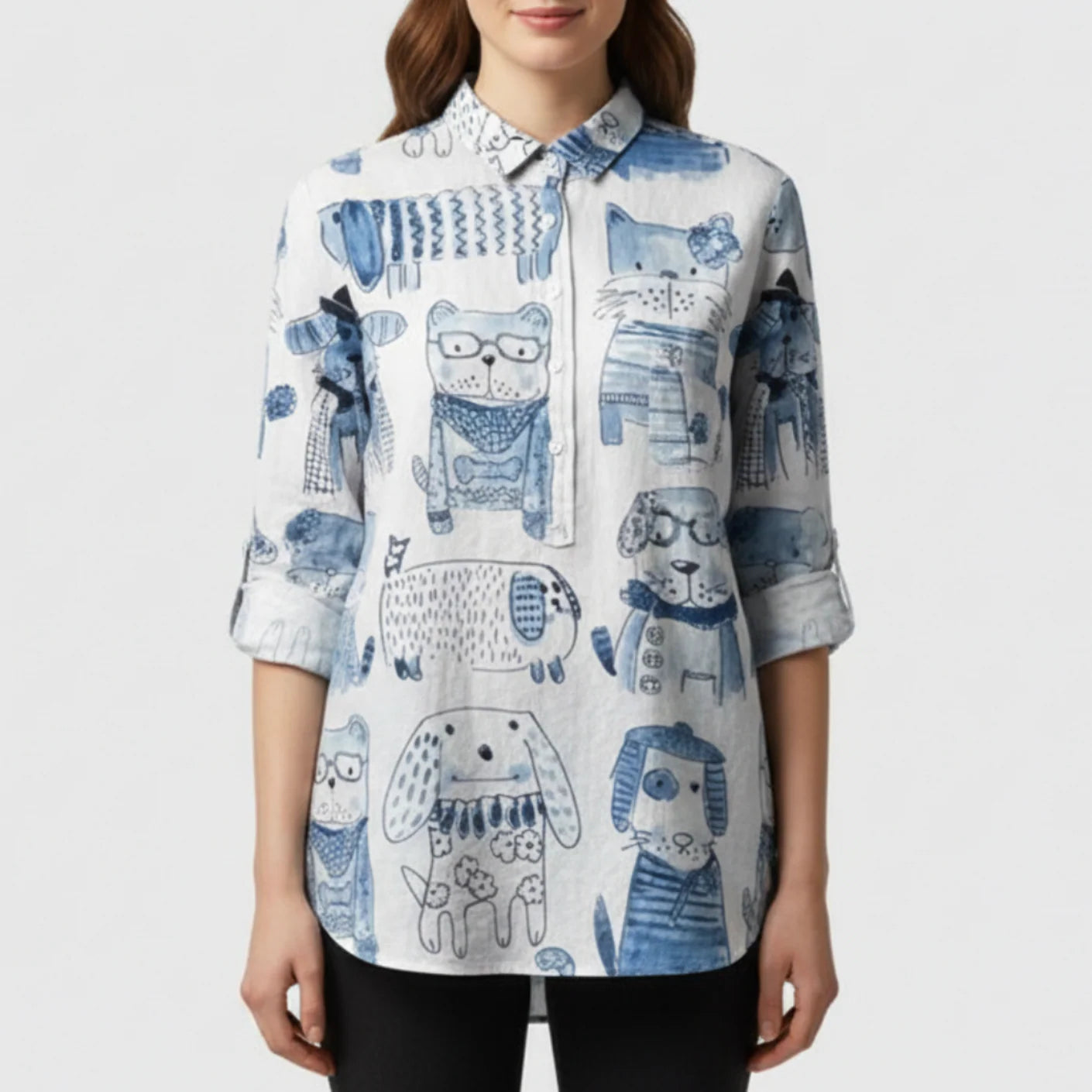 Presley | Women’s Cute Cat Print Button Up Blouse