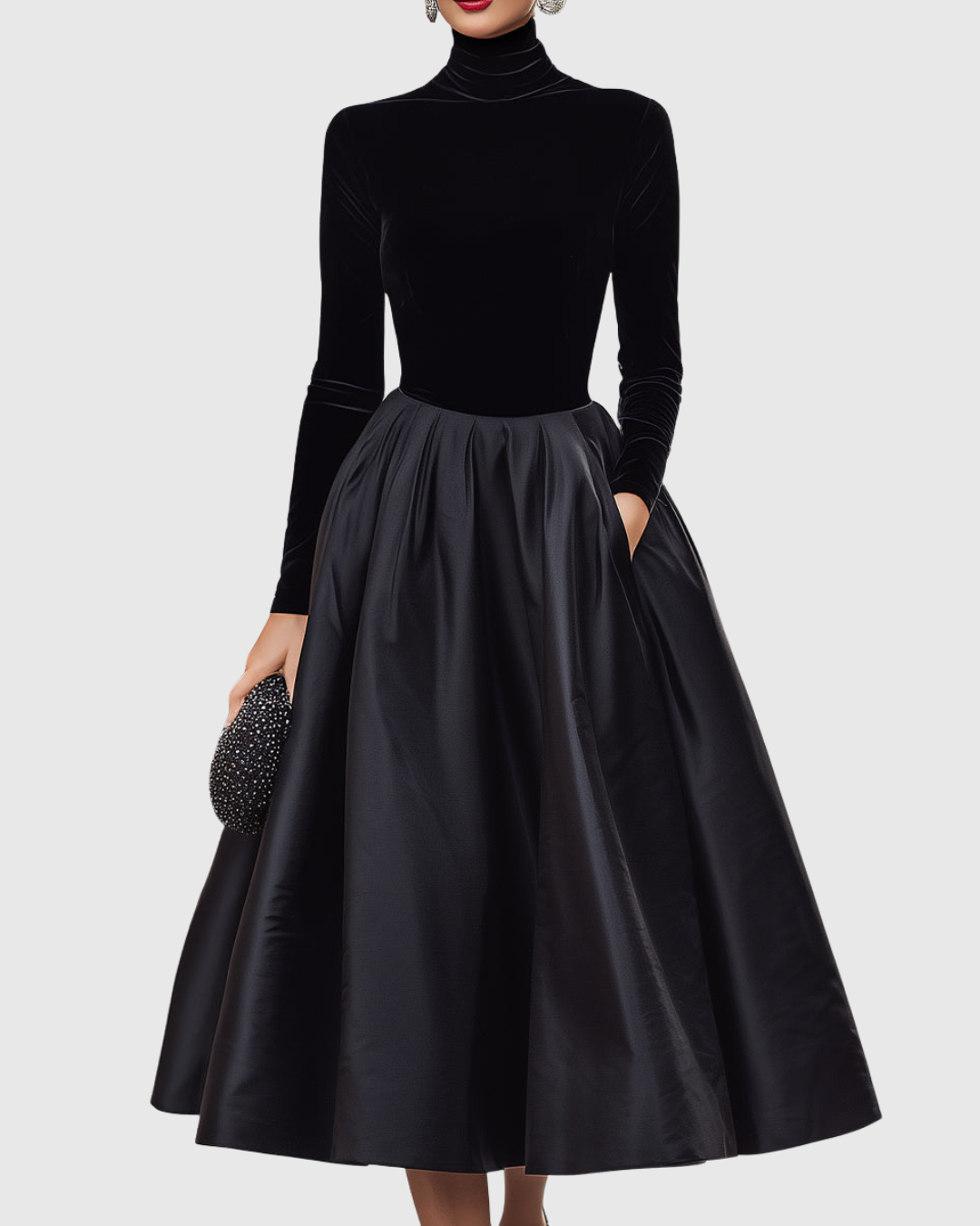 Jeanne | Women’s Elegant Black Turtleneck Satin Midi Dress