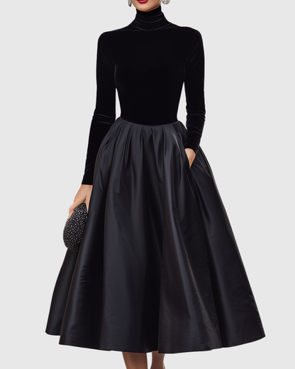 Jeanne | Women’s Elegant Black Turtleneck Satin Midi Dress