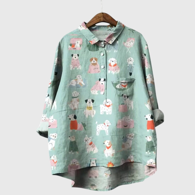 Presley | Women’s Cute Cat Print Button Up Blouse