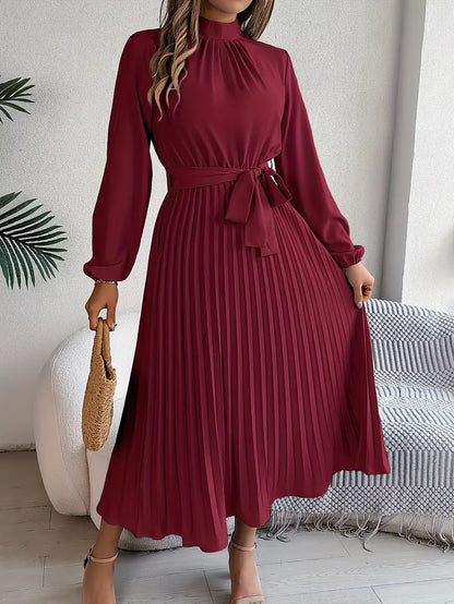 Elowyn | Women’s Long Sleeve Pleated Belted Midi Dress