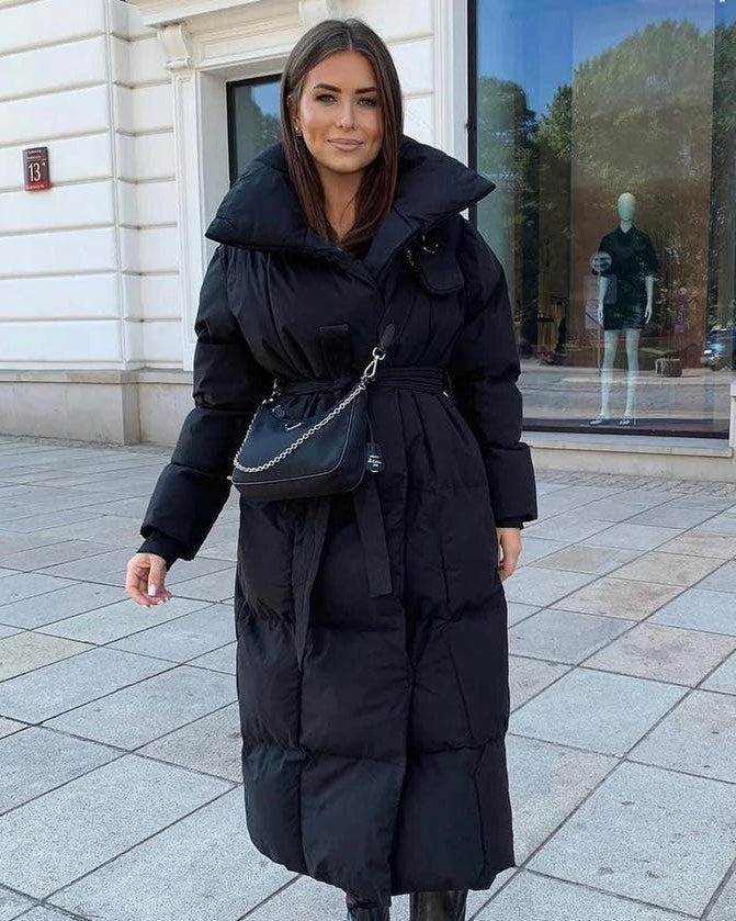 Mykka | Women’s Long Quilted Puffer Jacket with Adjustable Belt