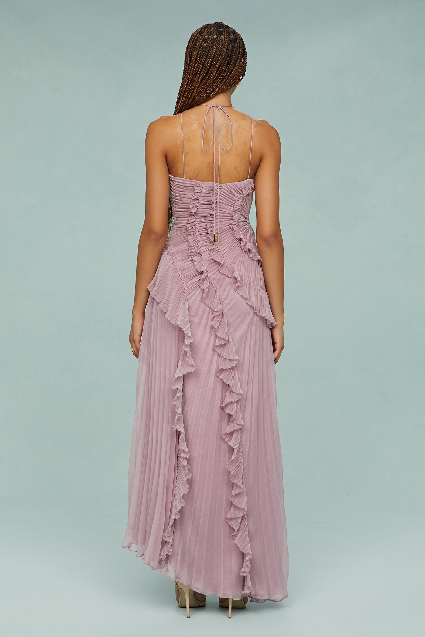 Amoura | Women’s Pleated Ruffle Halter Midi Dress