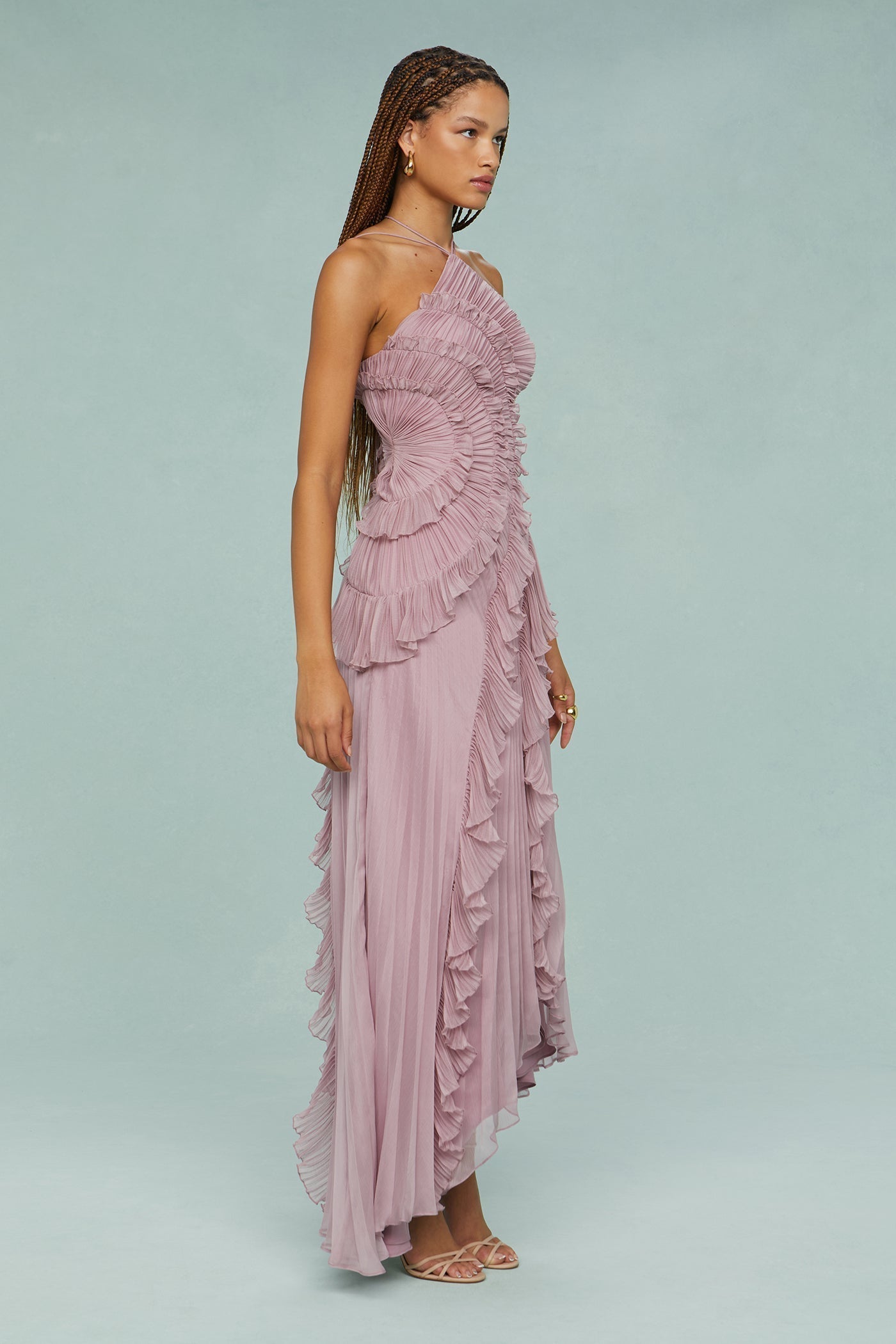 Amoura | Women’s Pleated Ruffle Halter Midi Dress
