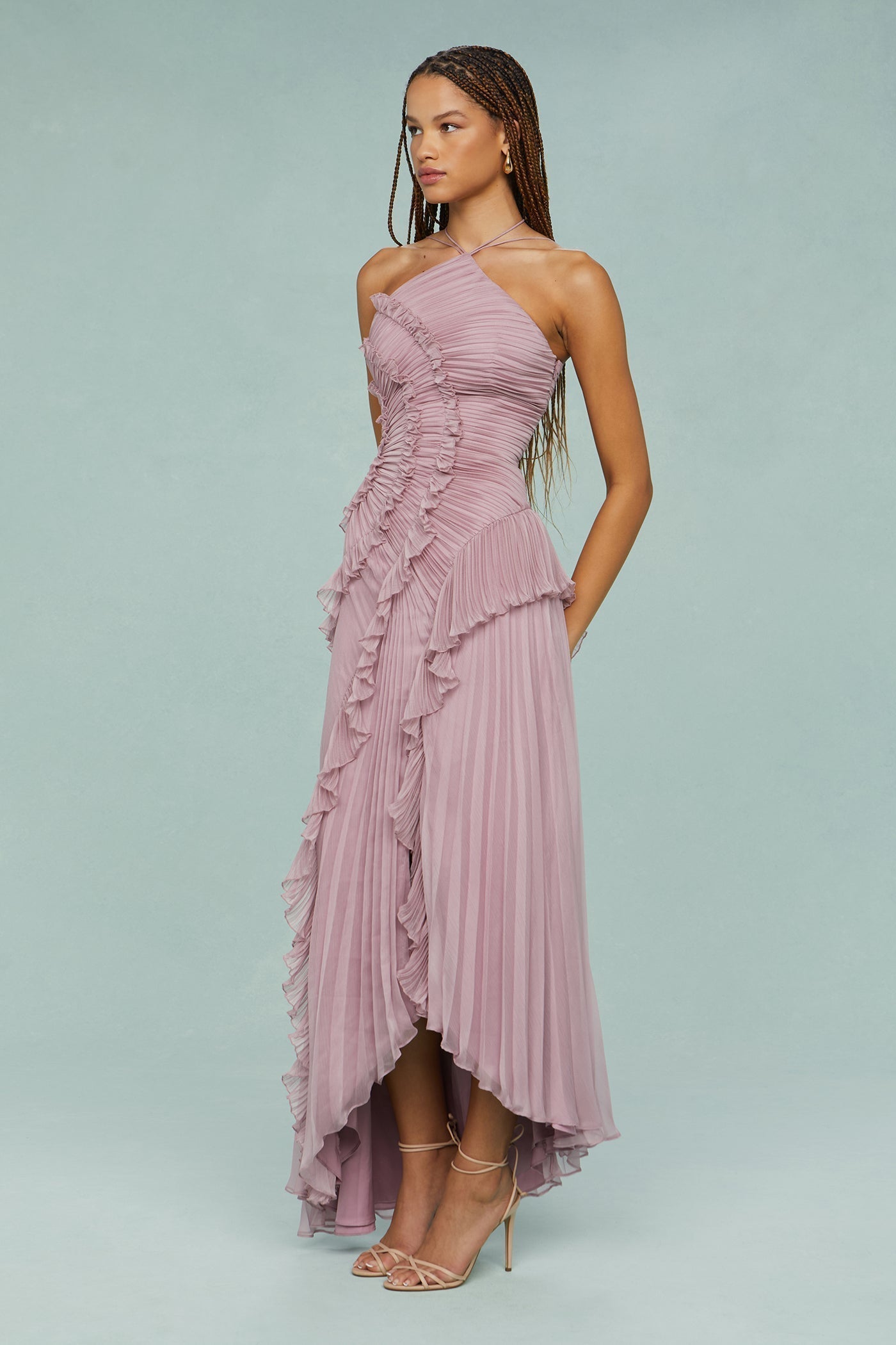 Amoura | Women’s Pleated Ruffle Halter Midi Dress